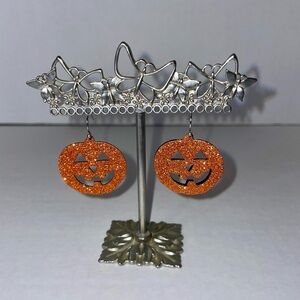 Orange Glitter Jack o Lantern Pumpkin Pierced Earrings Halloween Autumn Sparkle